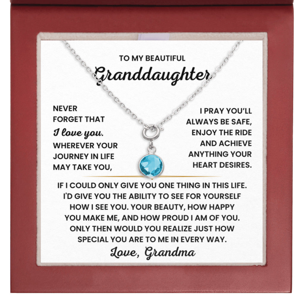 Birthstone Necklace for Granddaughter from Grandma - Mahogany LED Box - March