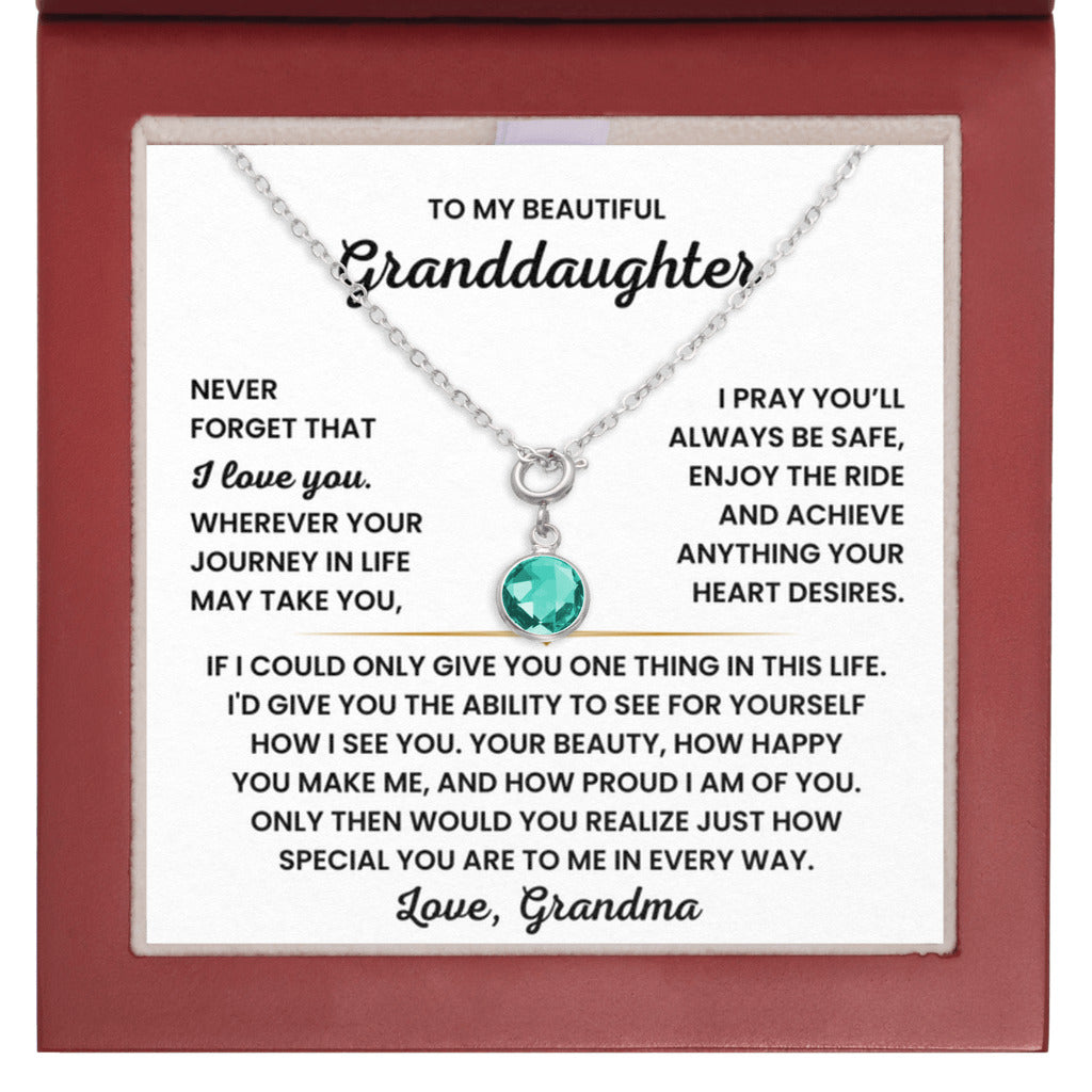 Birthstone Necklace for Granddaughter from Grandma - Mahogany LED Box - May