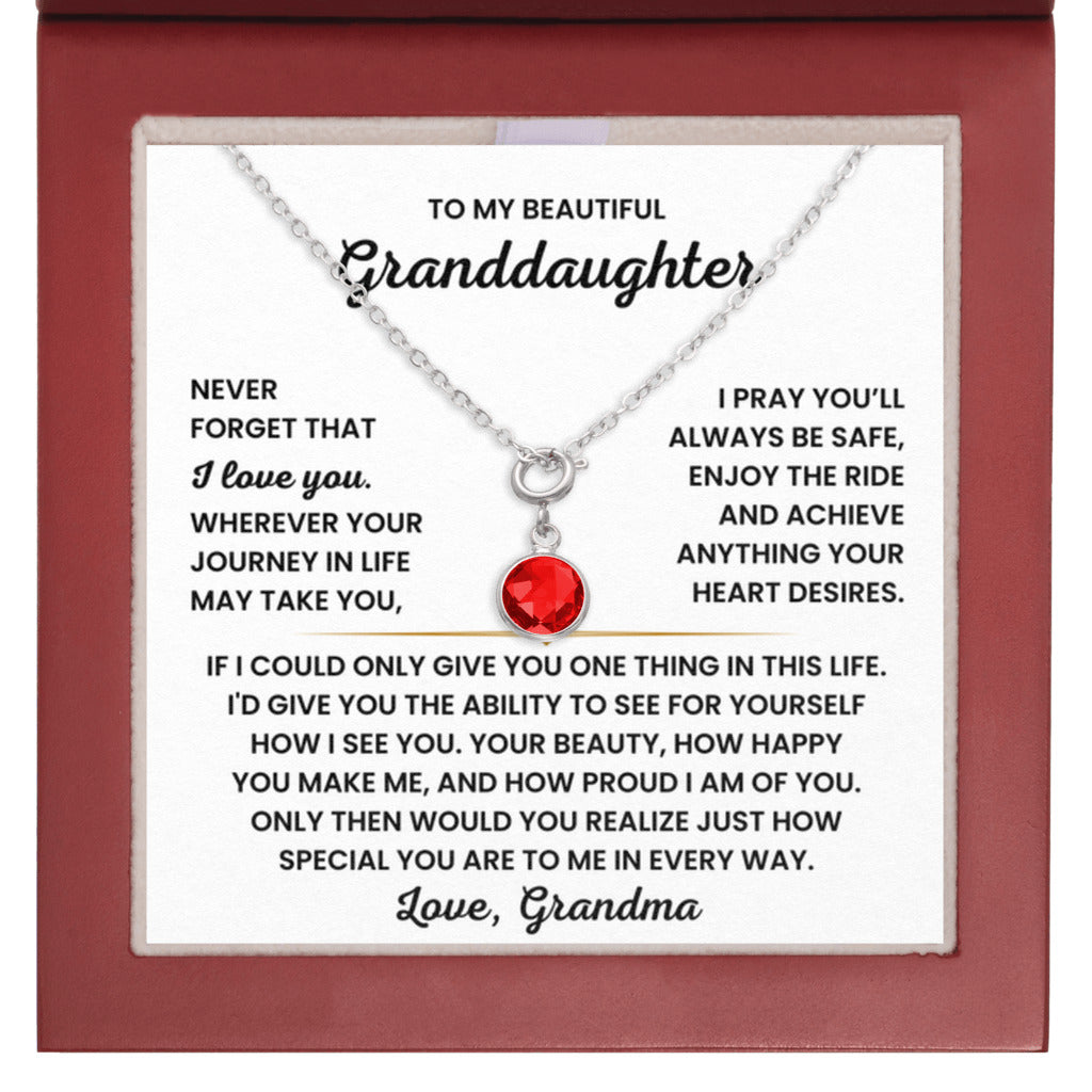 Birthstone Necklace for Granddaughter from Grandma - Mahogany LED Box - July