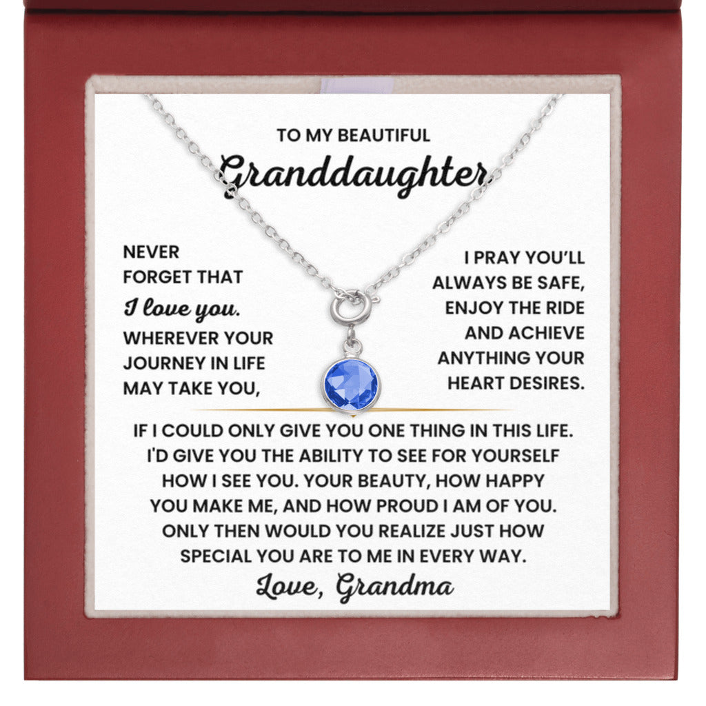 Birthstone Necklace for Granddaughter from Grandma - Mahogany LED Box - September