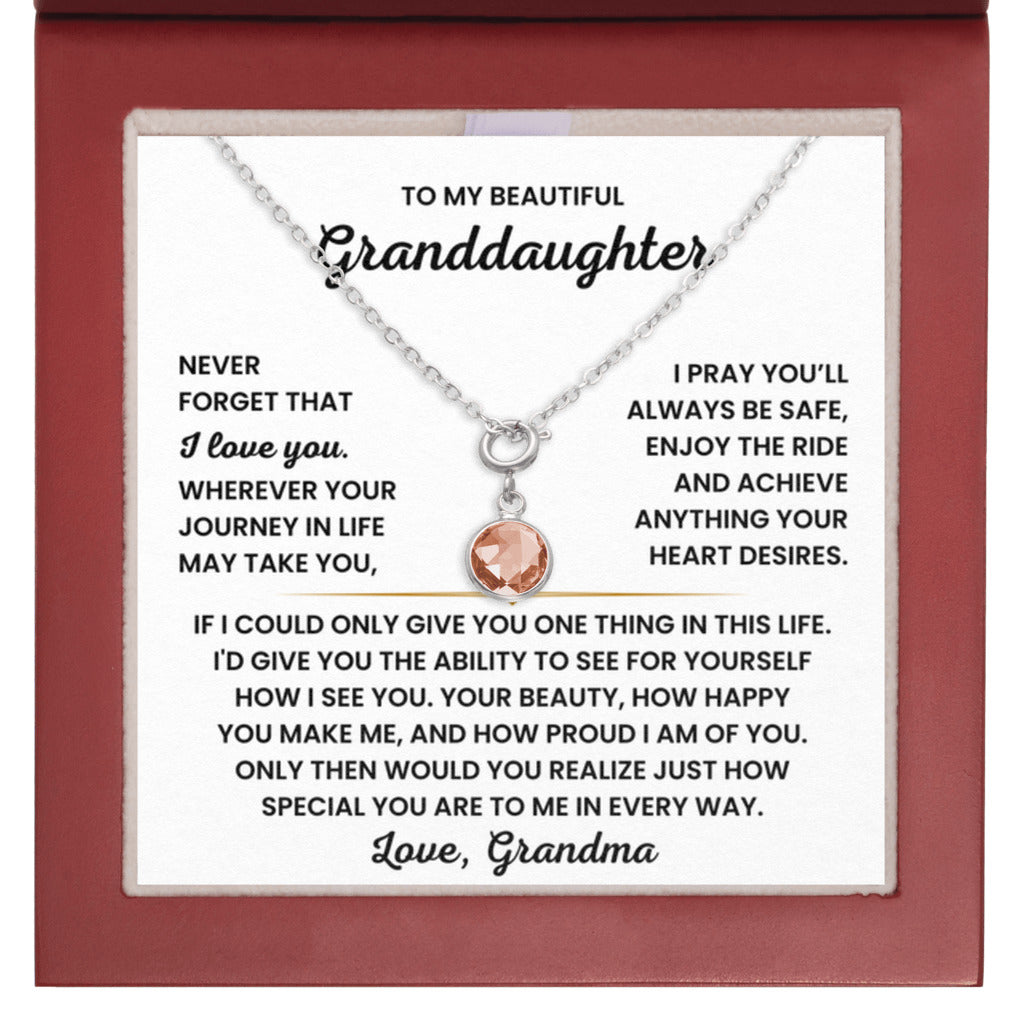 Birthstone Necklace for Granddaughter from Grandma - Mahogany LED Box - October