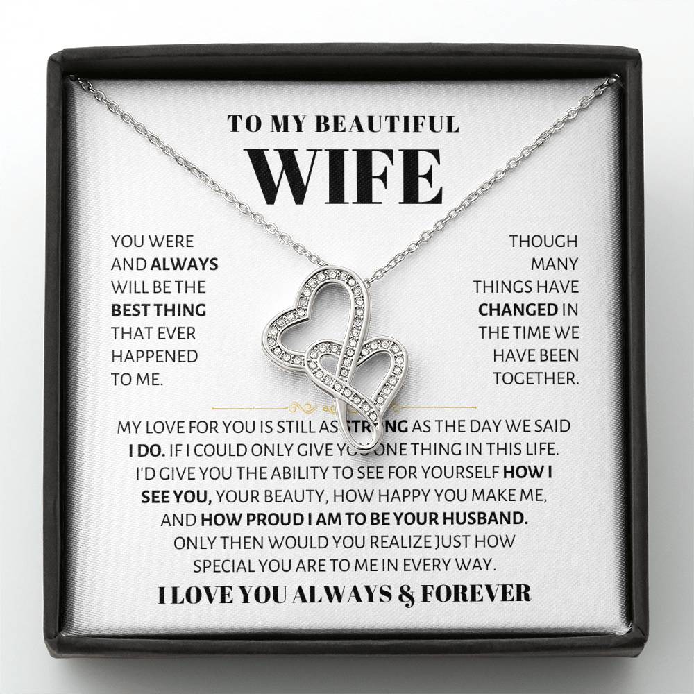 To My Beautiful Wife Necklace - Husband to Wife Jewelry for Romantic Valentine’s Day, Birthday & Anniversary Gifts - Heart-to-heart Pendant Necklace