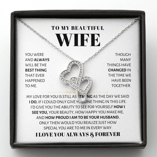 To My Beautiful Wife Necklace - Husband to Wife Jewelry for Romantic Valentine’s Day, Birthday & Anniversary Gifts - Heart-to-heart Pendant Necklace