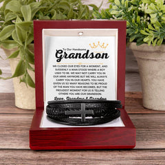 Men’s Leather Cross Bracelet, Gifts for Grandson, Fashionable Faith Jewelry Keepsake, To My Grandson