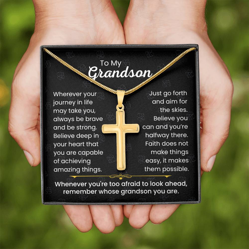 To My Grandson - Always be brave and be strong - Gift for Grandson - Artisan Cross Necklace