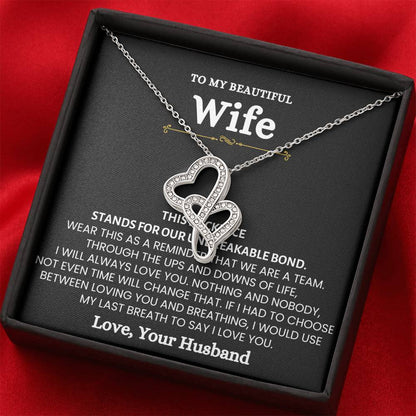To My Beautiful Wife Necklace - Sweet Emotional Gift for Wife from Husband on Birthday, Anniversary & Valentine’s Day - Heart-to-heart Pendant Necklace
