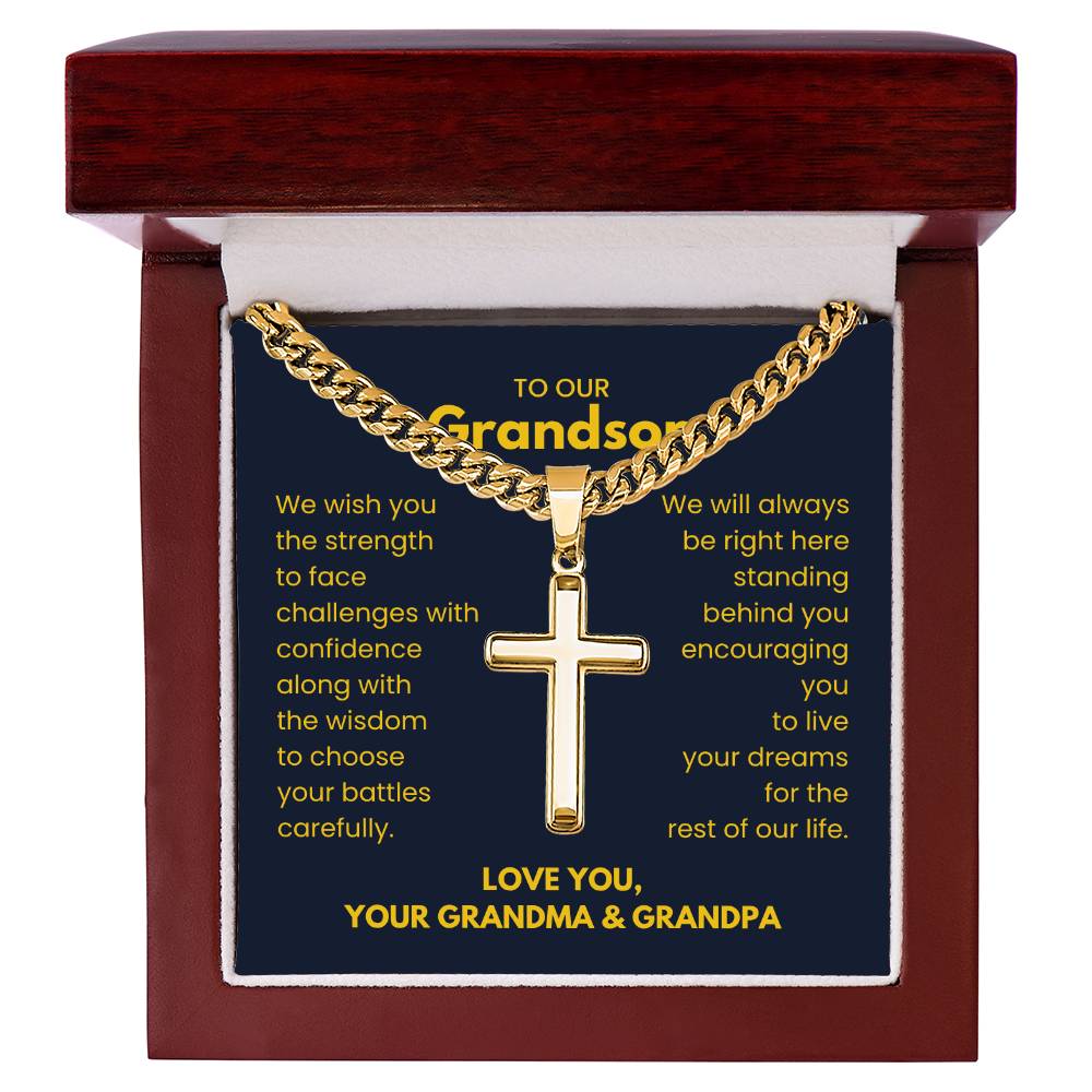 To Our Grandson - Grandson Gift from Grandma and Grandpa - Artisan Cross with Cuban Link Chain