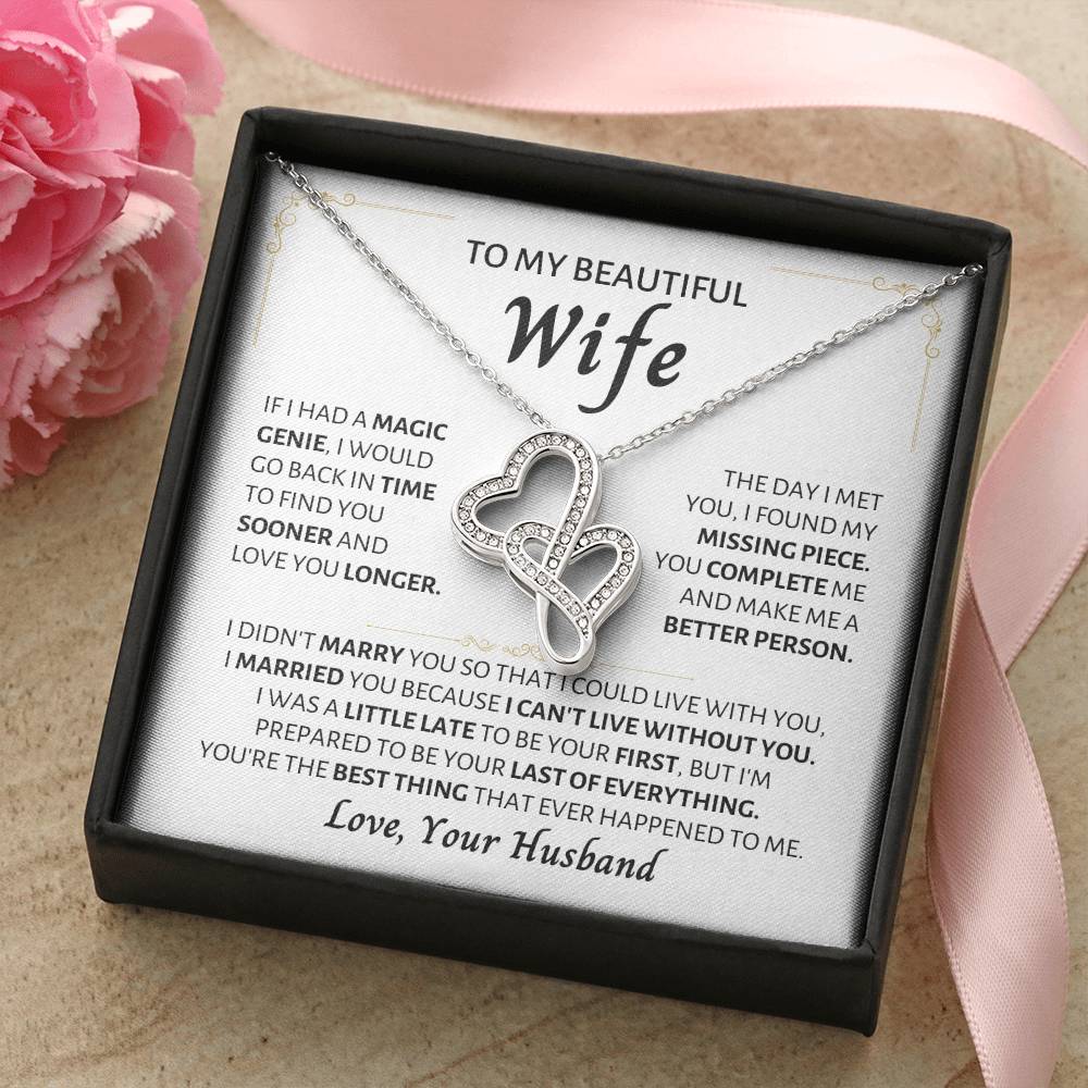 To My Beautiful Wife Necklace - Best Surprise Gift for Wife from Husband for Anniversary, Christmas & Valentine’s Day - Heart-to-heart Pendant Necklace