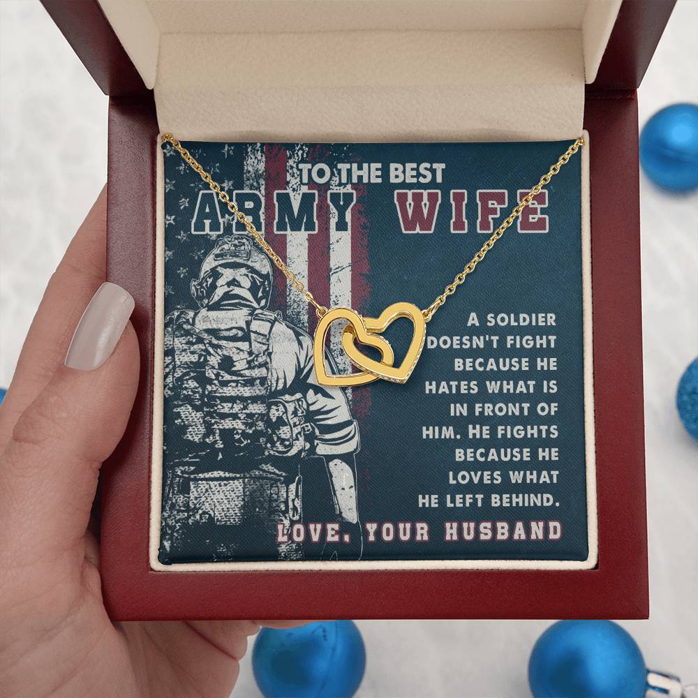 To My Army Wife Necklace - Best Loving Jewelry Gift for Valentine’s Day, Anniversaries & Romantic Surprises - Interlocking Hearts Necklace