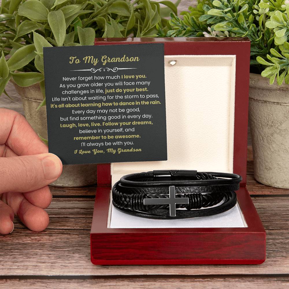 To My Grandson Bracelet - Gift for Grandson - It's all about learning how to dance in the rain - Men's Cross Bracelet