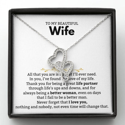 To My Beautiful Wife Necklace - Beautiful Wife Jewelry Gift for Birthday, Valentine’s Day & Special Romantic Moments - Heart-to-heart Pendant Necklace
