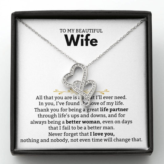 To My Beautiful Wife Necklace - Beautiful Wife Jewelry Gift for Birthday, Valentine’s Day & Special Romantic Moments - Heart-to-heart Pendant Necklace