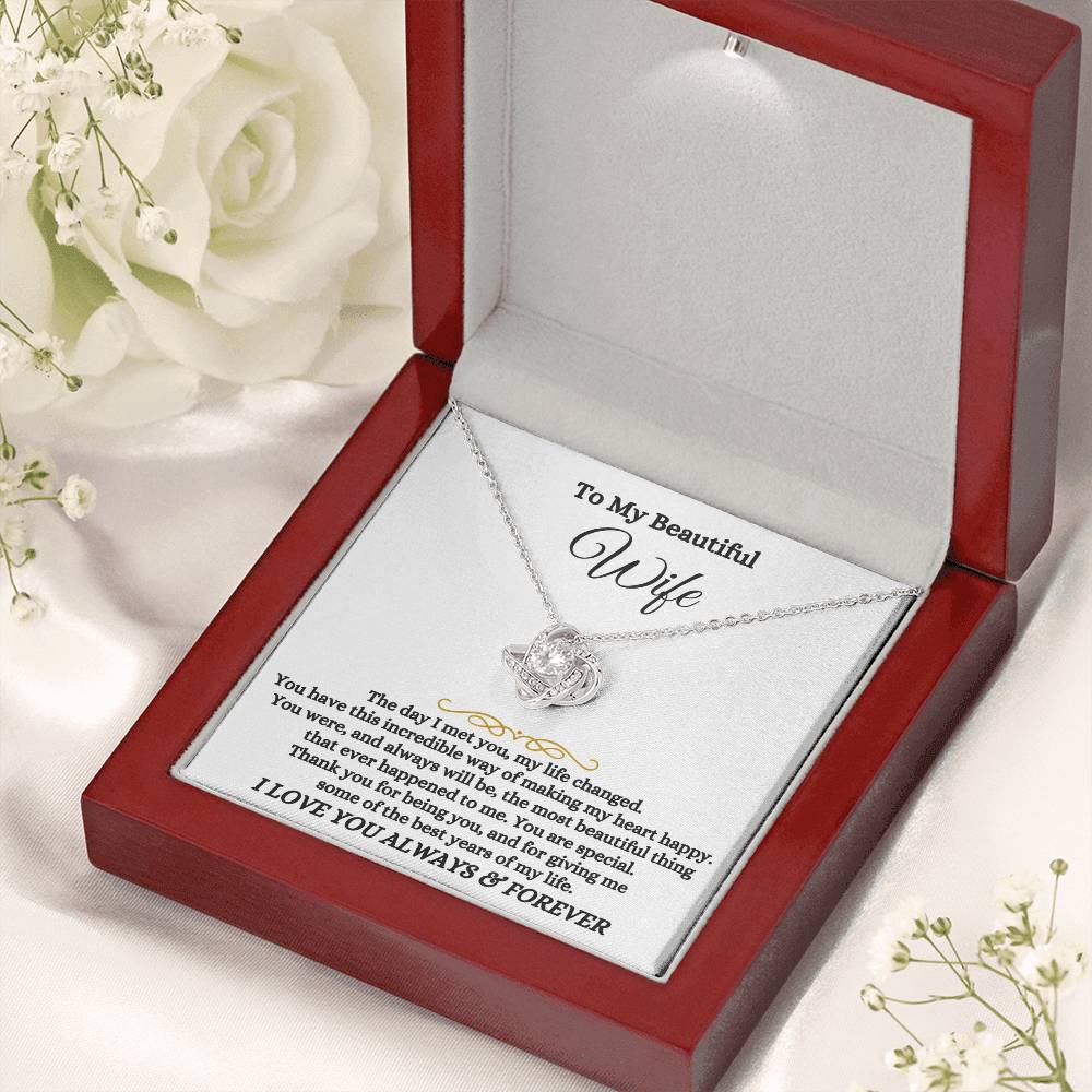 To My Beautiful Wife Necklace - Beautiful Wife Jewelry Gift for Birthday, Valentine’s Day & Special Romantic Moments - Love Knot Necklace