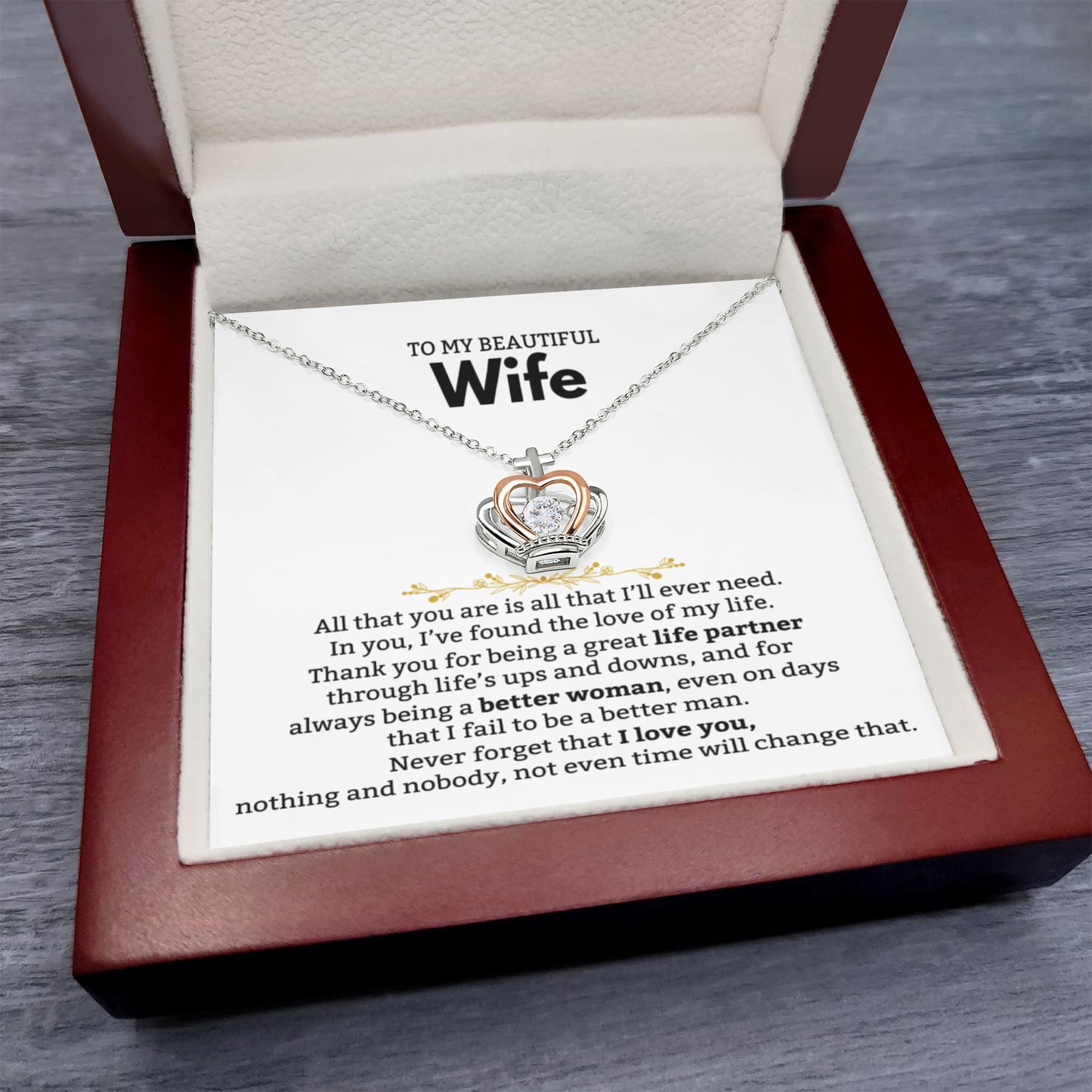 To My Beautiful Wife Necklace - Romantic Gift from Husband for Birthday, Anniversary, Christmas & Valentine’s Day - Crown Pendant Necklace