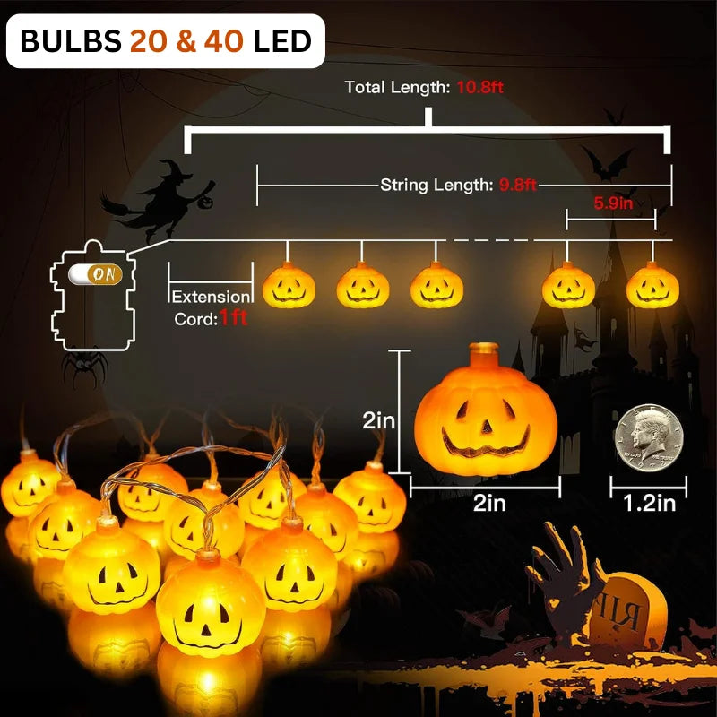 LED Pumpkin String Lights | Halloween Decorative Lights | 3m & 6m Options | Remote Control Modes | Plug-In & Battery Pumpkin Fairy Lights