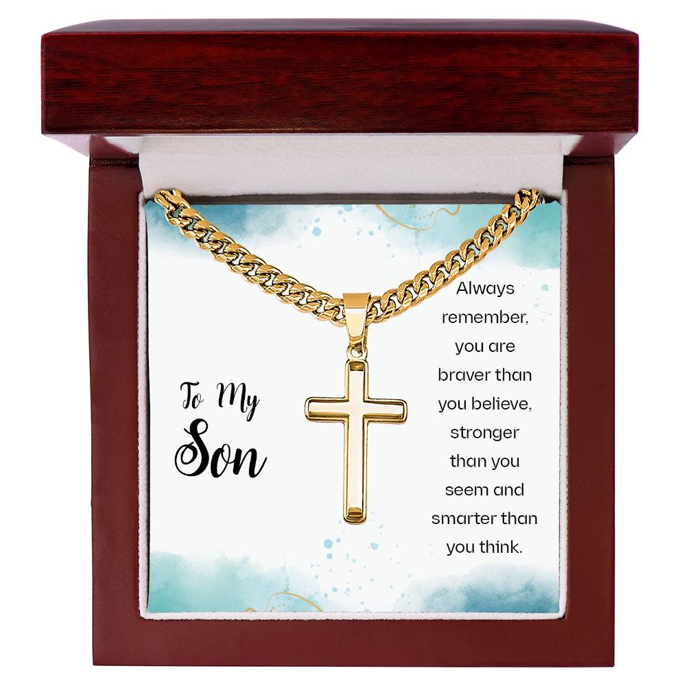 To My Son Necklace - Always Remember - Artisan Cross with Cuban Link Chain