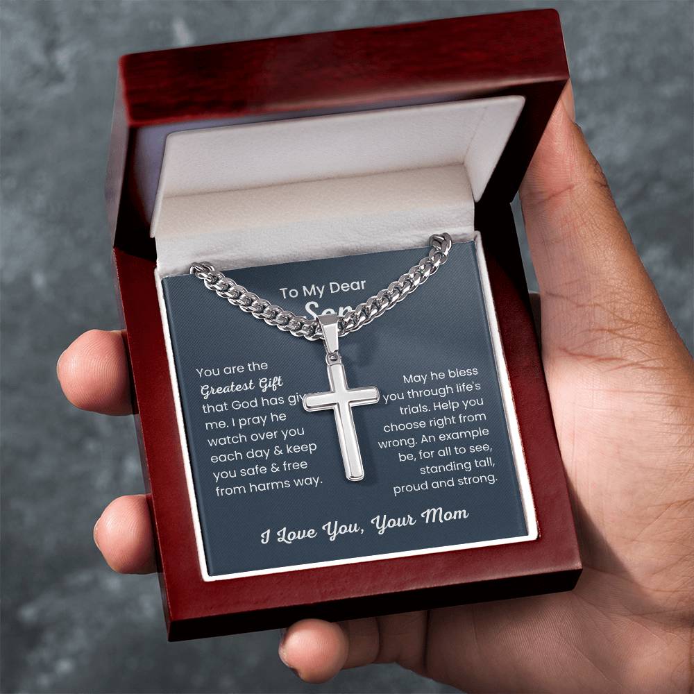 To Dear My Son - You are the greatest gift - Gift for Son from Mom - Artisan Cross with Cuban Link Chain
