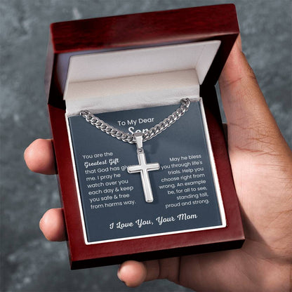 To Dear My Son - You are the greatest gift - Gift for Son from Mom - Artisan Cross with Cuban Link Chain