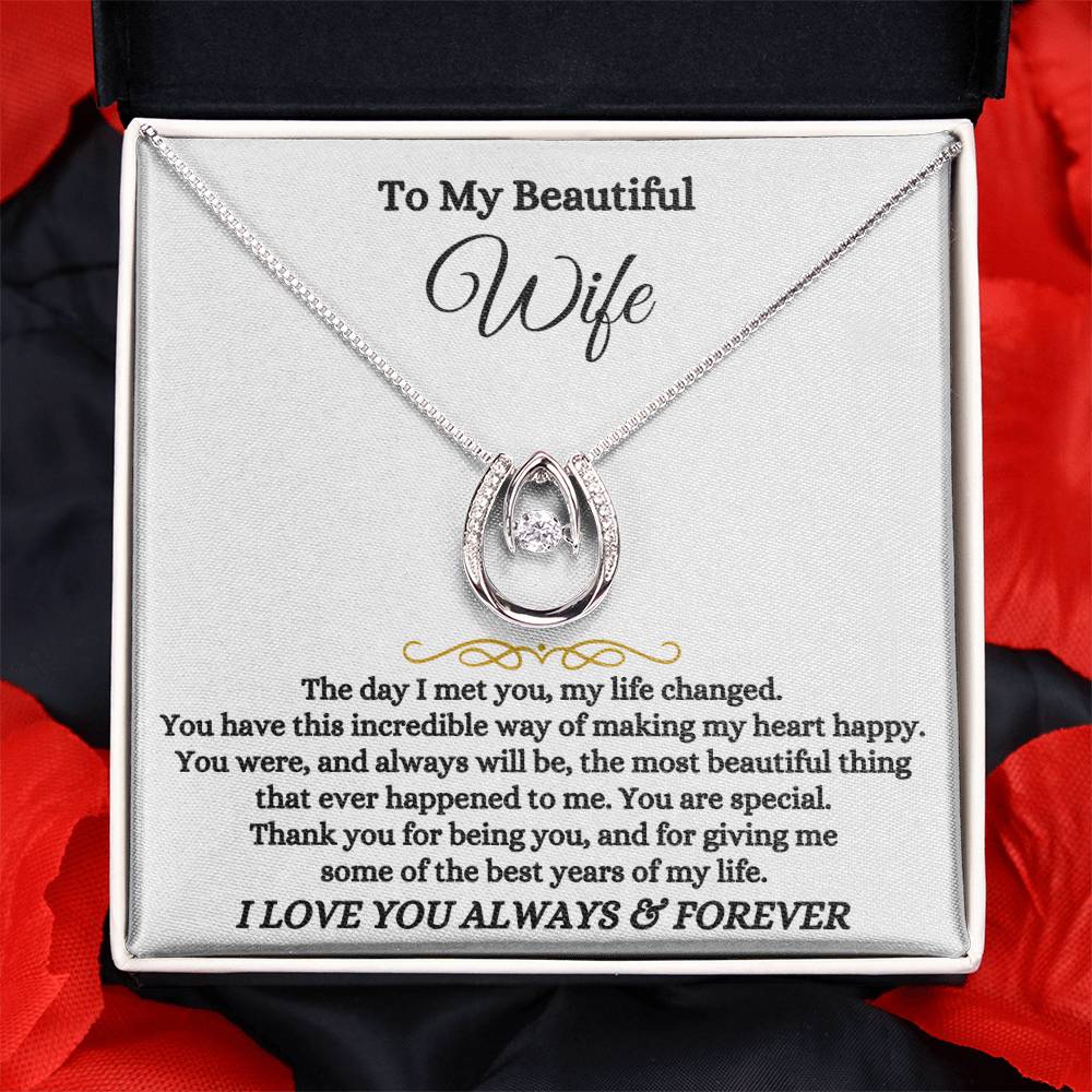 To My Beautiful Wife Necklace - Heartwarming Gift from Husband for Birthday, Anniversary & Valentine’s Day - Lucky In Love Necklace
