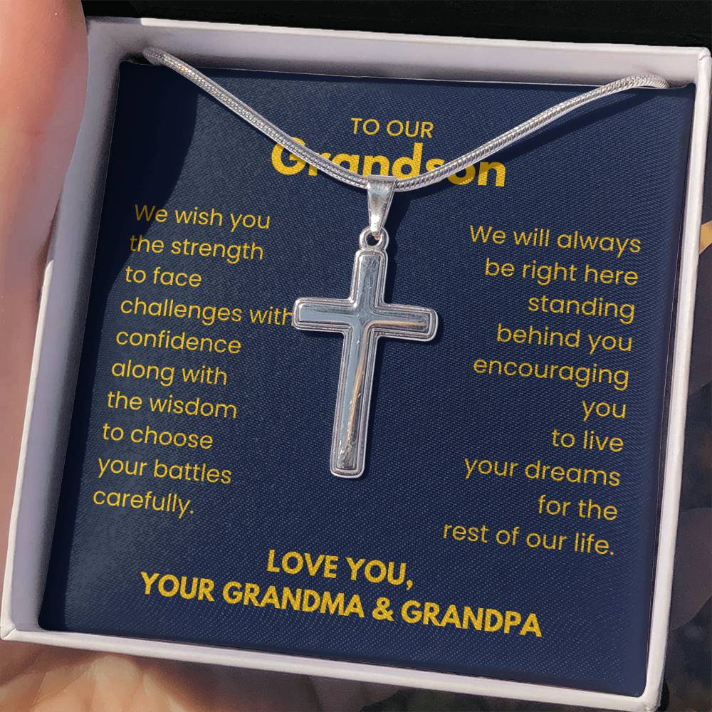 To Our Grandson - Grandson Gift from Grandma and Grandpa - Artisan Cross Necklace