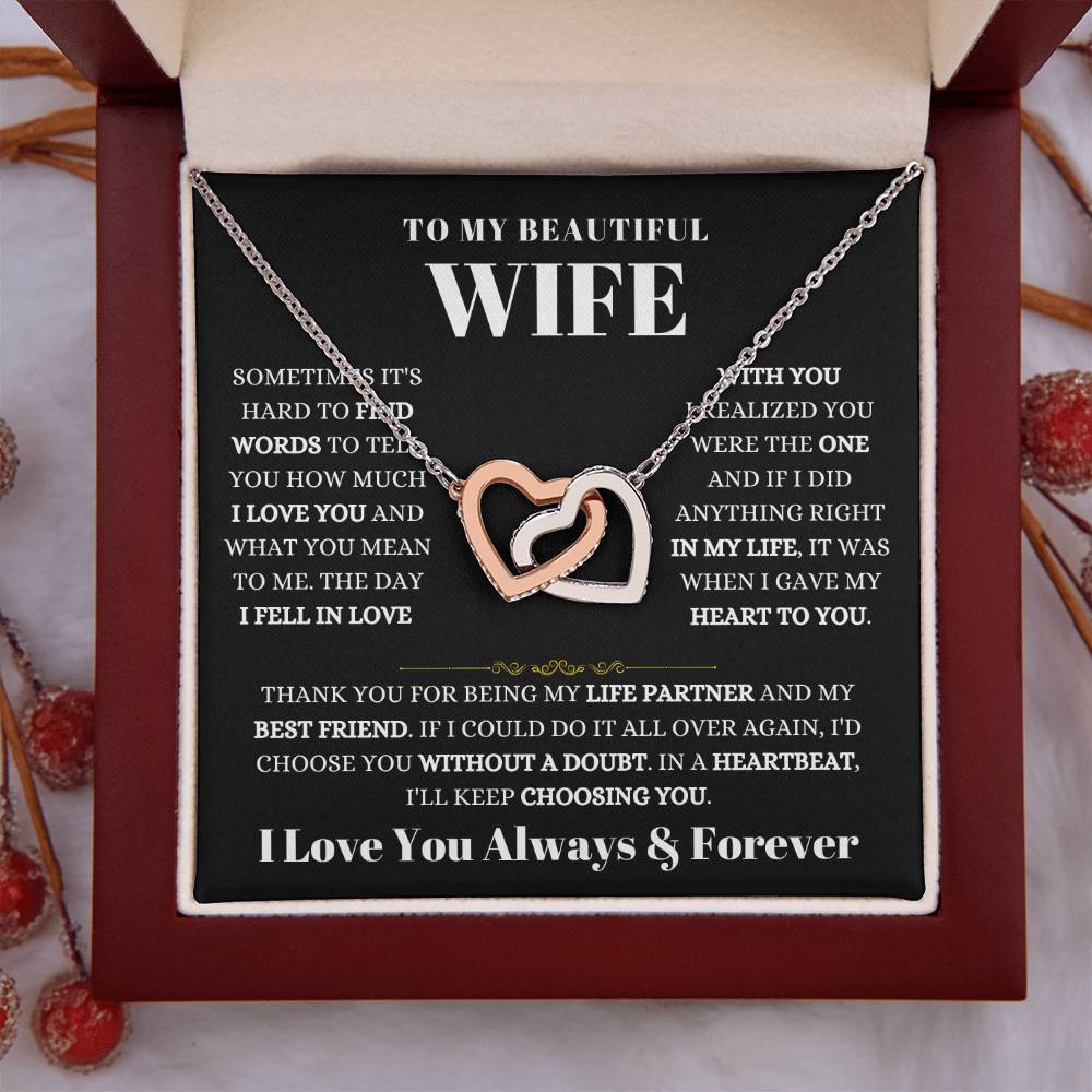 To My Wife Necklace - Beautiful Wife Gift from Husband for Birthday, Anniversary & Valentine’s Day - Interlocking Hearts Necklace