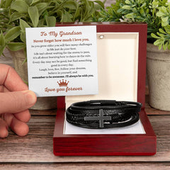 Cross Leather Bracelet for Grandson, Modern Men’s Jewelry Gift for Birthdays & Graduations, To My Grandson