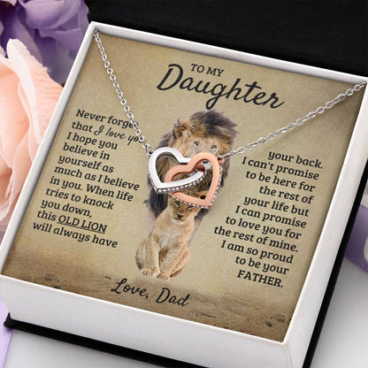 To My Daughter Necklace - Birthday Jewelry Gift from Dad - Old Lion - Interlocking Hearts Necklace