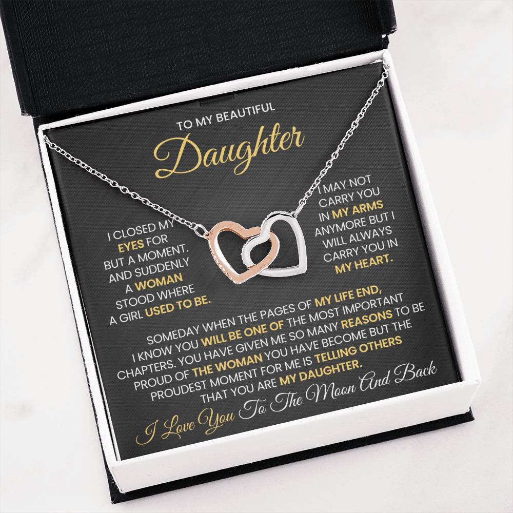 To My Daughter Necklace - I love you to the moon and back - Interlocking Hearts Necklace Gift for Daughter