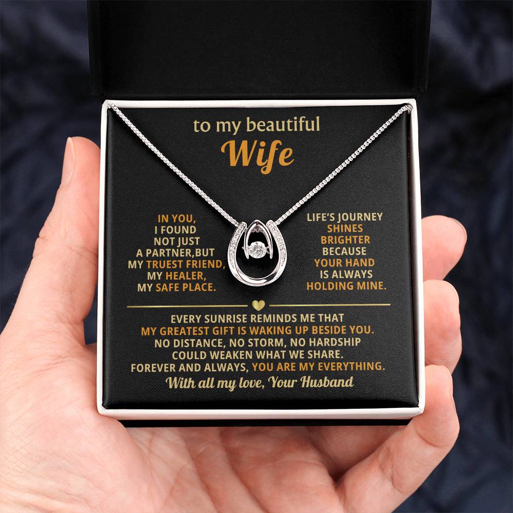 To My Beautiful Wife Necklace - Husband to Wife Jewelry for Romantic Valentine’s Day, Birthday & Anniversary Gifts - Lucky In Love Necklace