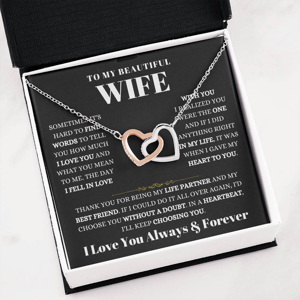 To My Wife Necklace - Beautiful Wife Gift from Husband for Birthday, Anniversary & Valentine’s Day - Interlocking Hearts Necklace