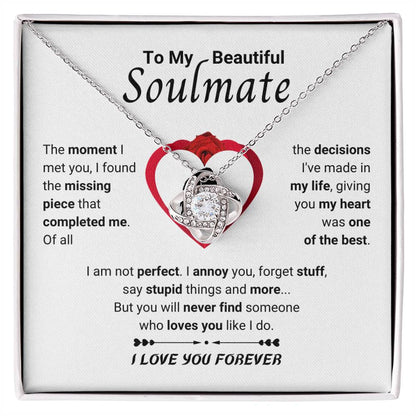 To My Beautiful Soulmate Necklace - Soulmate Gift for Her for Holiday Celebrations & Romance - Love Knot Necklace