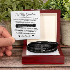 Stylish Cross Bracelet for Grandson, Men’s Leather Jewelry Gift for Special Celebrations, To My Grandson