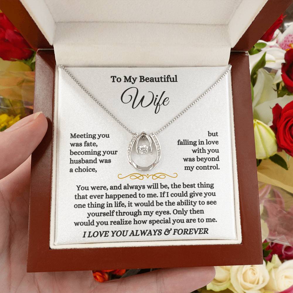 To My Beautiful Wife Necklace - Sweet Emotional Gift for Wife from Husband on Birthday, Anniversary & Valentine’s Day - Lucky In Love Necklace