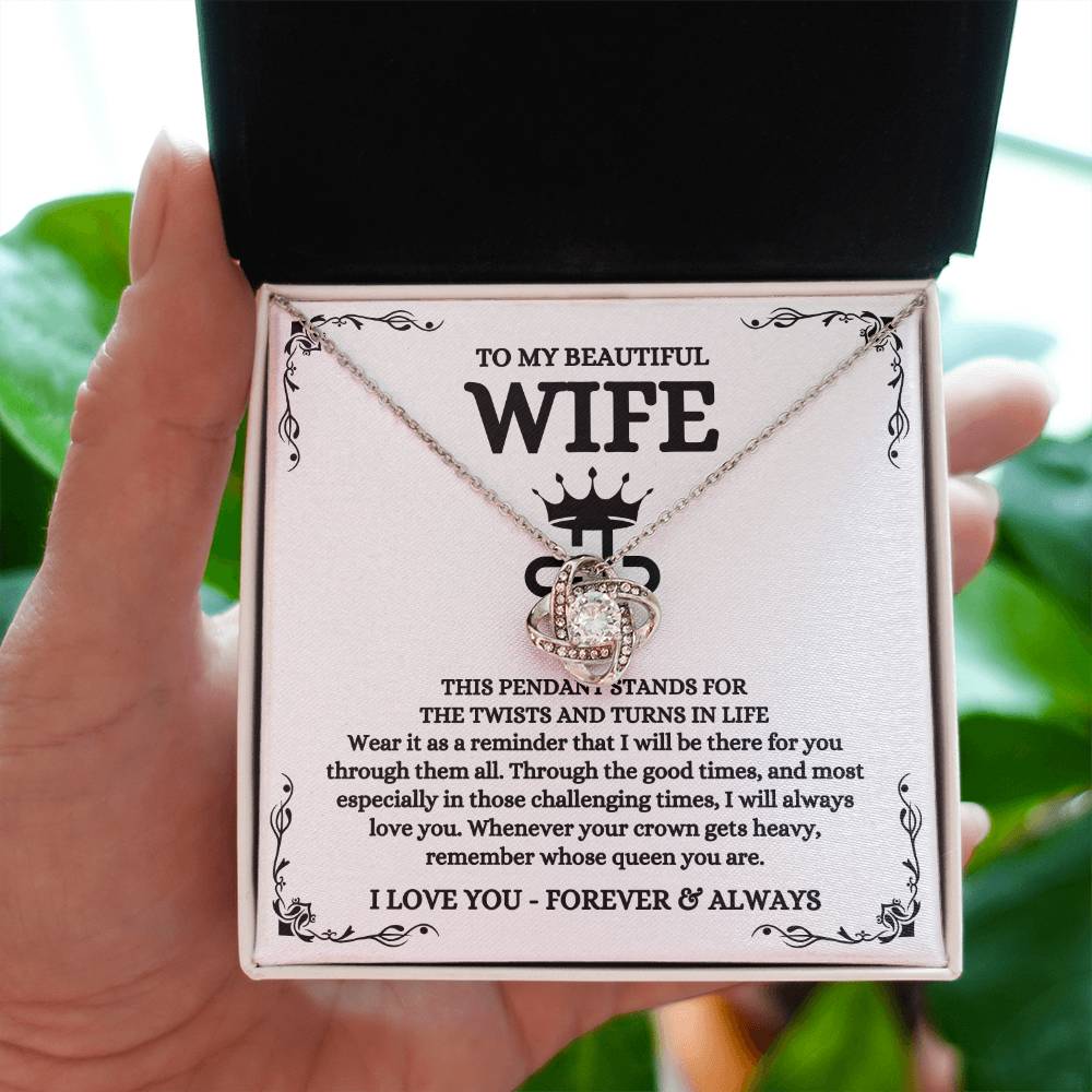 To My Beautiful Wife Necklace - Best Loving Jewelry Gift for Valentine’s Day, Anniversaries & Romantic Surprises - Love Knot Necklace