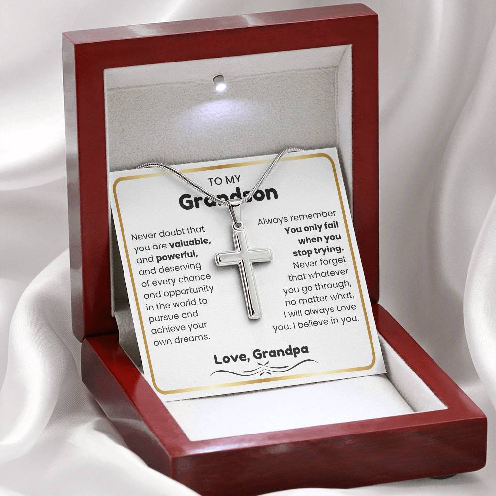 To My Grandson - I believe in you - Grandson Gift from Grandpa - Artisan Cross Necklace