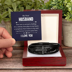 Black Leather Men’s Bracelet, Cross Design with Gift Box & Sentimental Card, Modern Jewelry Gift, To My Husband