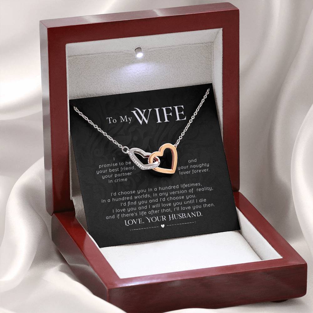 To My Wife Necklace - Touching Romantic Gift for Wife from Husband for Christmas, Anniversary & Valentine’s Day - Interlocking Hearts Necklace