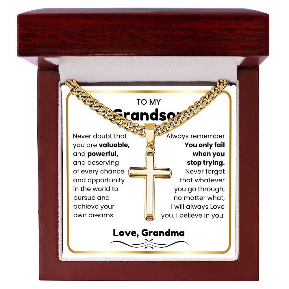 To My Grandson - I believe in you - Grandson Gift from Grandma - Artisan Cross with Cuban Link Chain