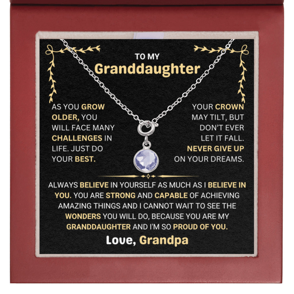 February Birthstone Necklace gift for Granddaughter from Grandpa - Mahogany Luxury Box