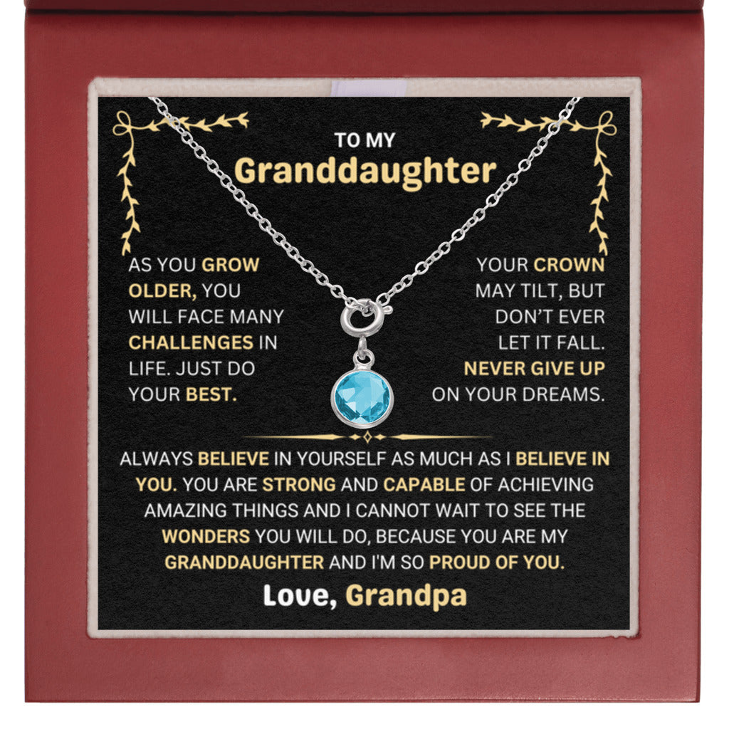 March Birthstone Necklace gift for Granddaughter from Grandpa - Mahogany Luxury Box