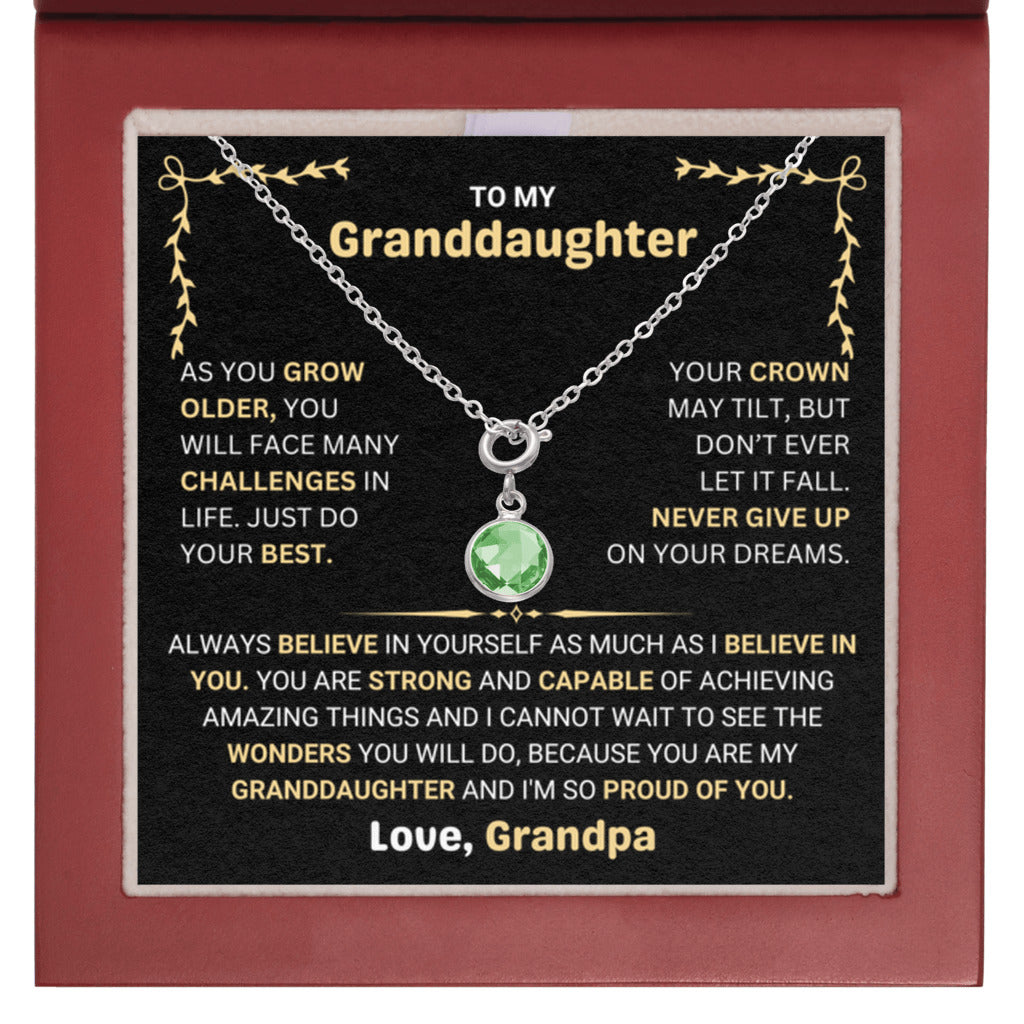 August Birthstone Necklace gift for Granddaughter from Grandpa - Mahogany Luxury Box 