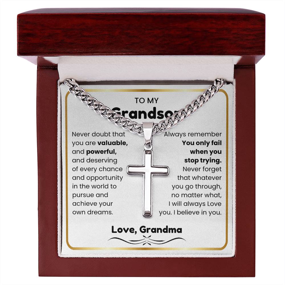 To My Grandson - I believe in you - Grandson Gift from Grandma - Artisan Cross with Cuban Link Chain