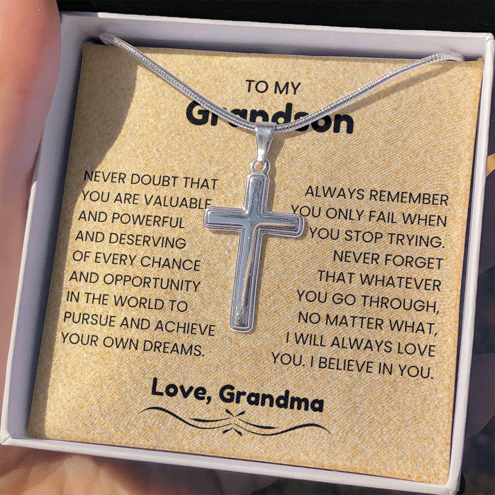 To My Grandson - Gift for Grandson from Grandma - I will always love you - Artisan Cross Necklace