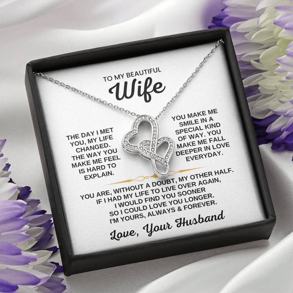 To My Beautiful Wife Necklace - Romantic Birthday Jewelry Gift from Husband for Valentine’s Day & Long Lasting Memories - Heart-to-heart Pendant Necklace
