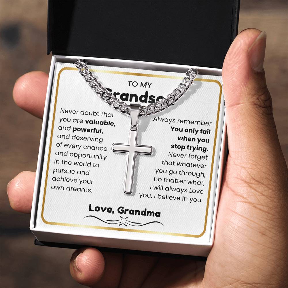 To My Grandson - I believe in you - Grandson Gift from Grandma - Artisan Cross with Cuban Link Chain