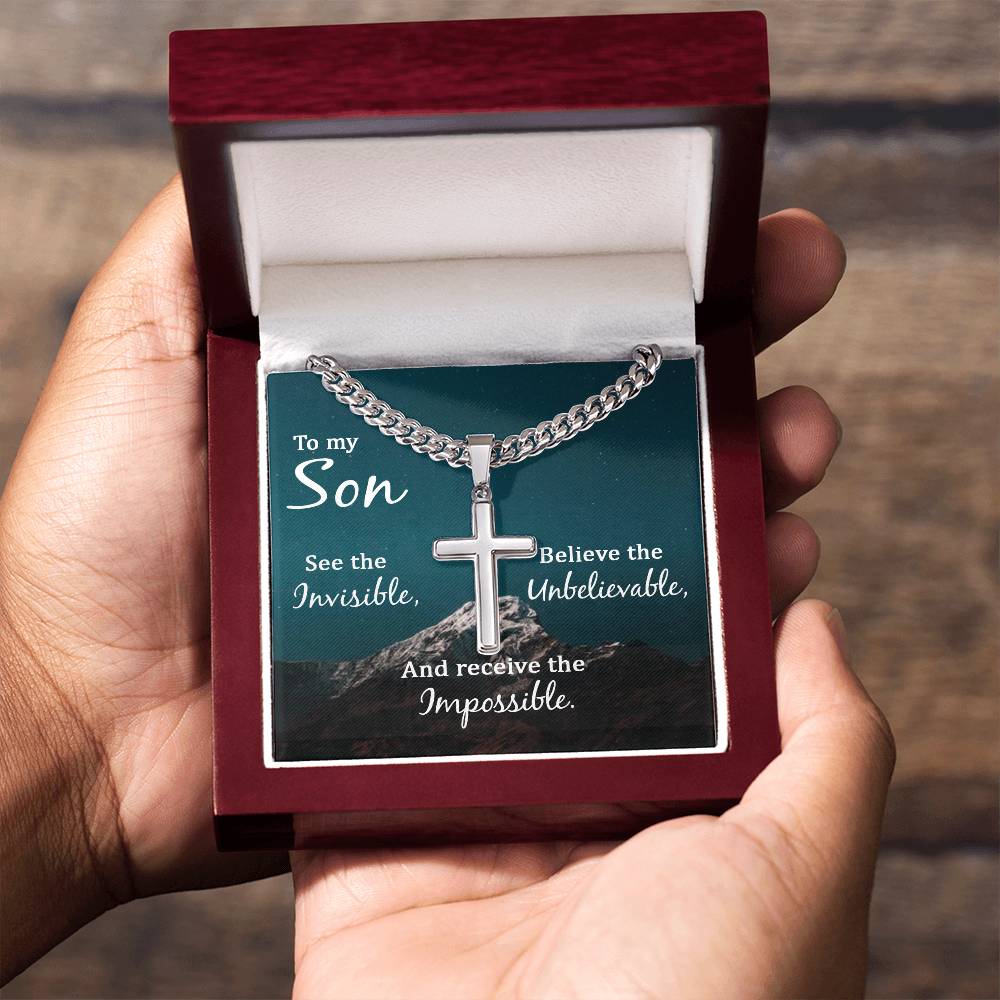 To My Son Necklace - Receive the impossible - Artisan Cross with Cuban Link Chain