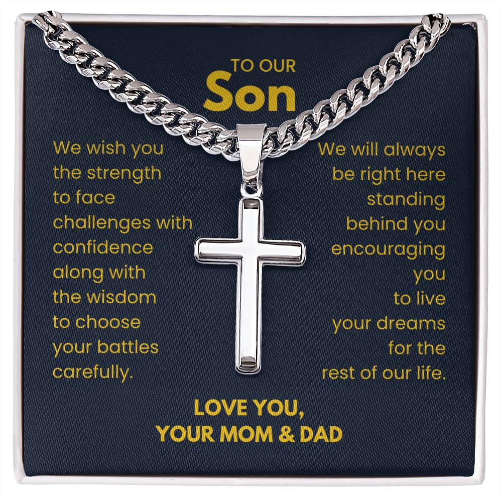To Our Son - Son Gift from Mom and Dad - Artisan Cross with Cuban Link Chain