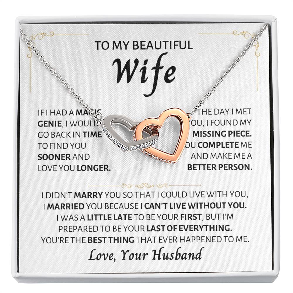 To My Wife Necklace - Romantic Gift from Husband for Birthday, Anniversary, Christmas & Valentine’s Day - Interlocking Hearts Necklace