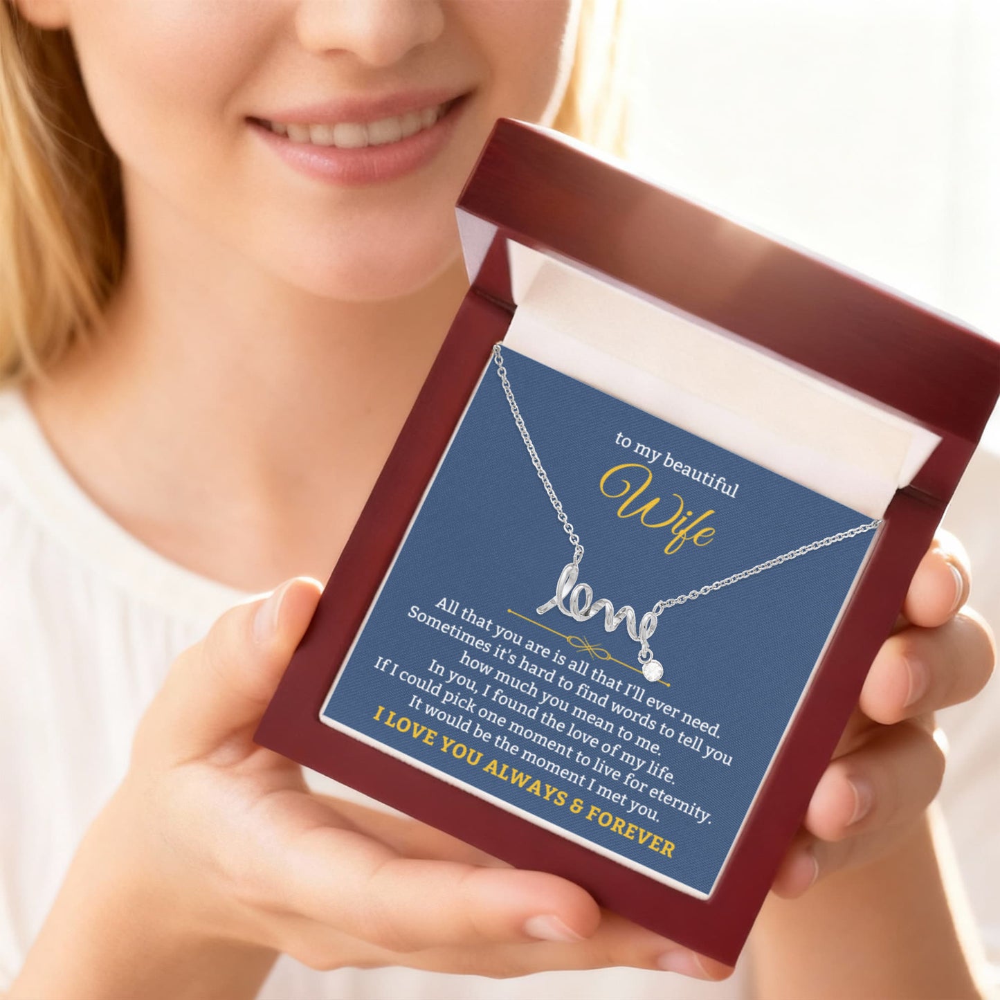 To My Wife Necklace - Forever Love Jewelry Gift from Husband for Birthday, Anniversary & Valentine’s Day - Scripted Love Necklace