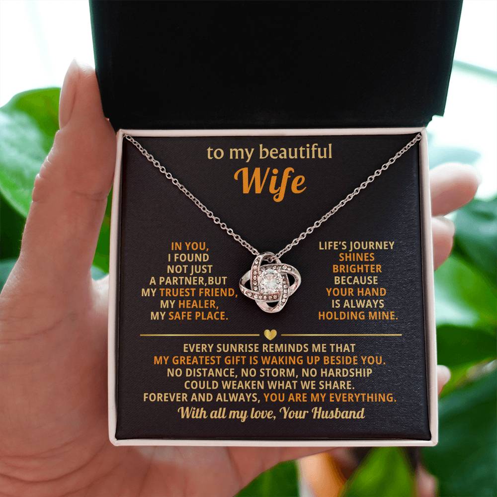 To My Beautiful Wife Necklace - Sentimental Birthday Gift from Husband, Romantic Jewelry for Valentine’s Day & Holidays - Love Knot Necklace